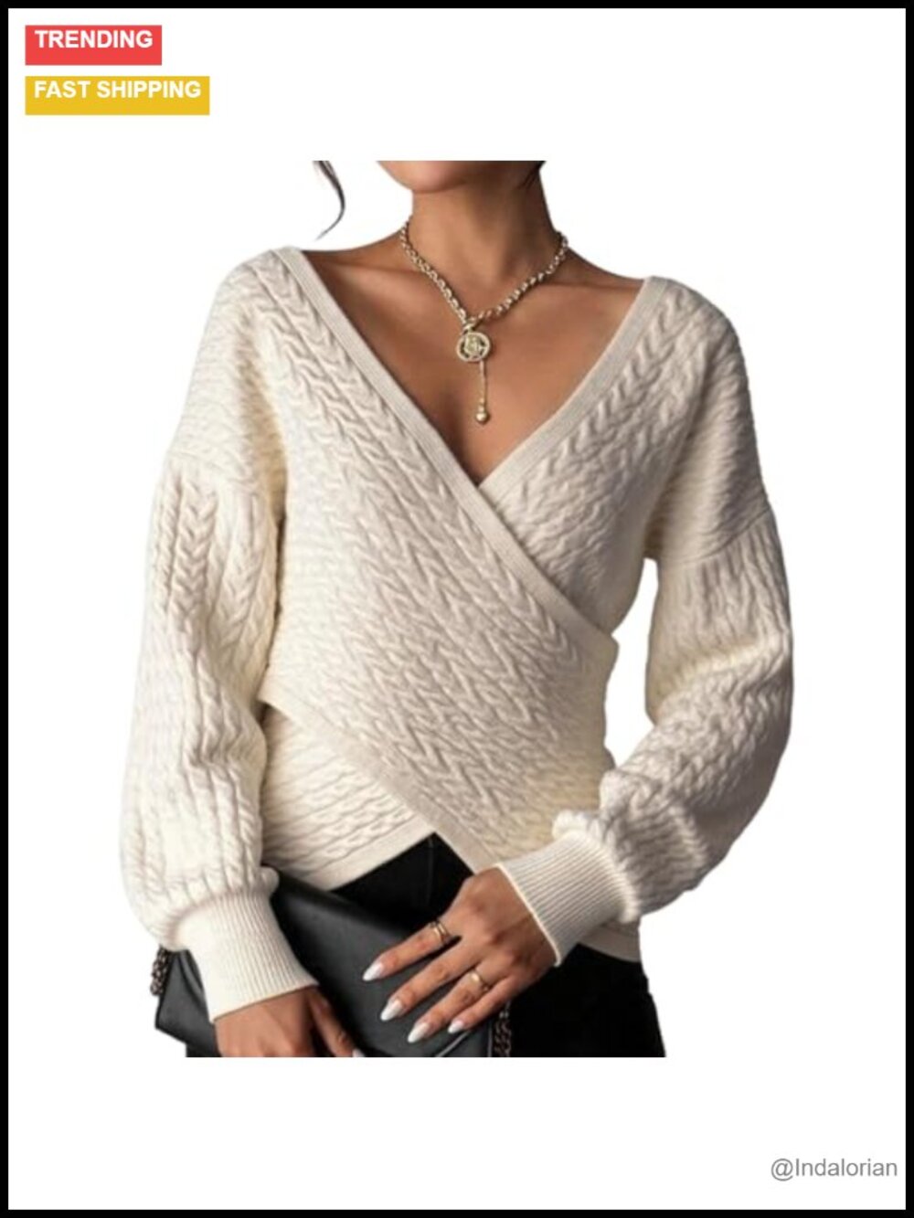 Wrap Cable Knit Sweater V-Neck Cropped Pullover Long Sleeve